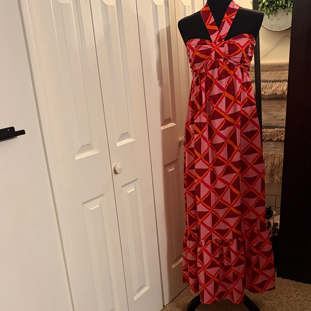 Entro Pink and Red Geometric Maxi Dress